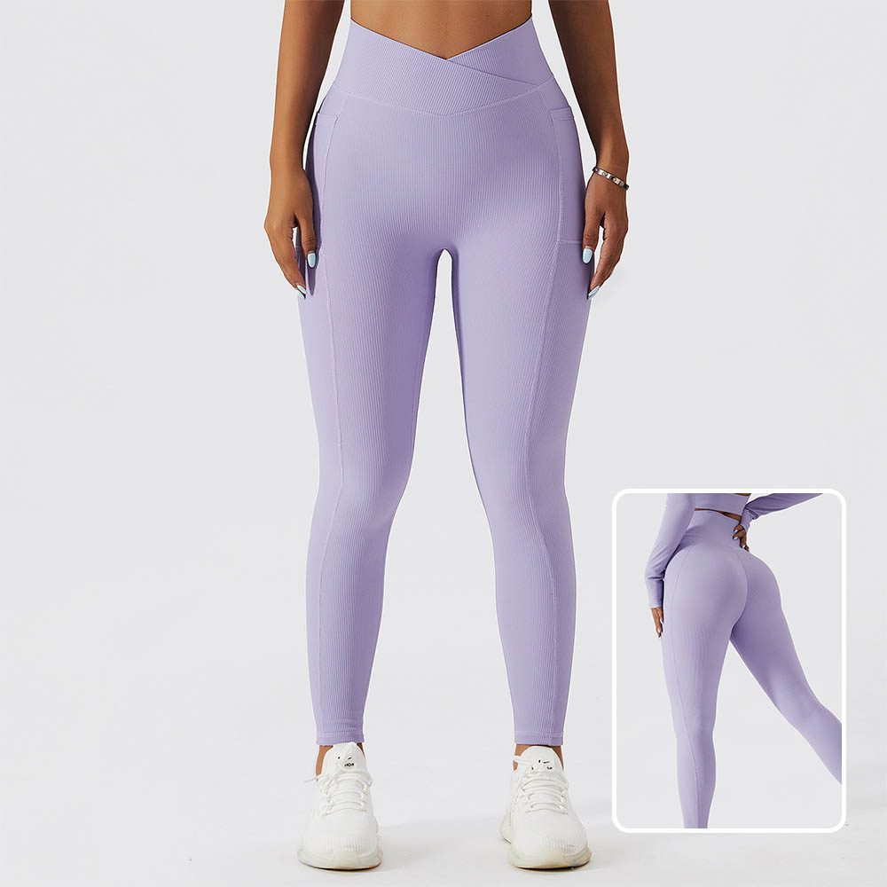 Ribbed Pocket High Waist Yoga Pants - Tight Peach Butt-Lifting Running Fitness Leggings