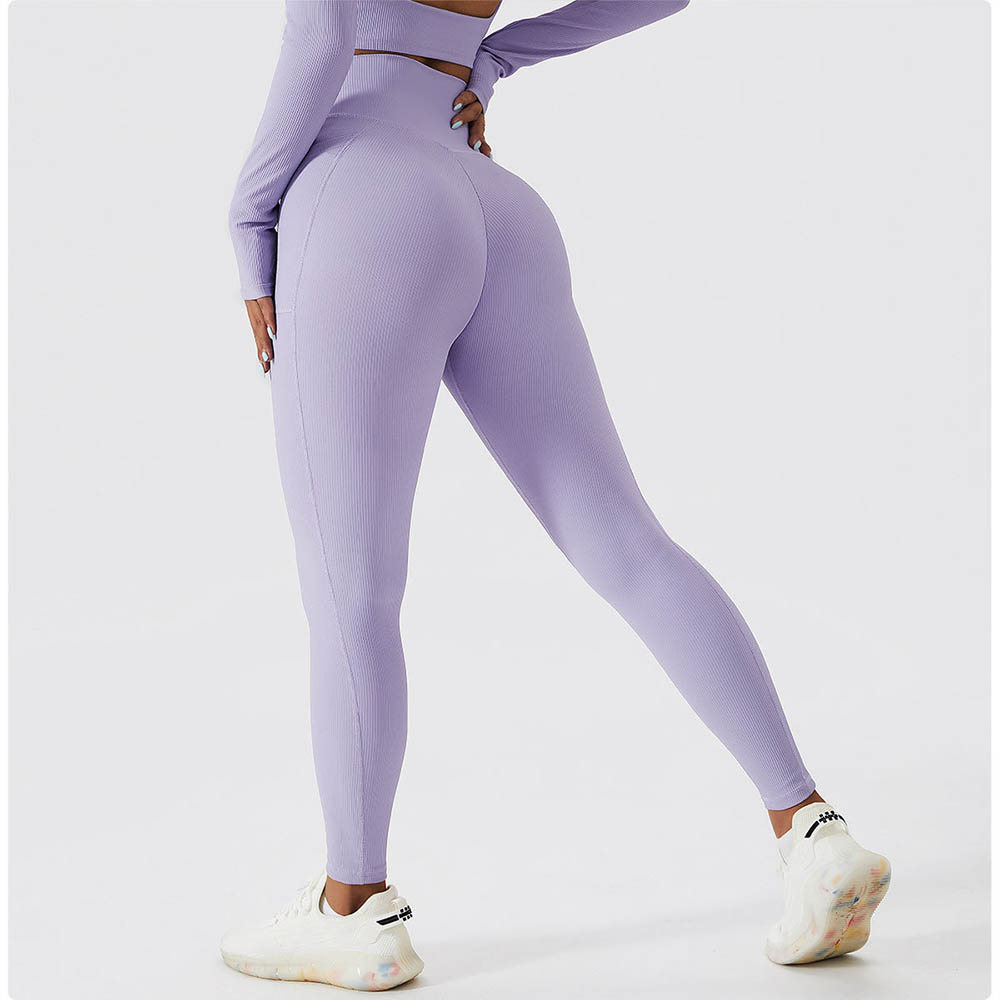 Ribbed Pocket High Waist Yoga Pants - Tight Peach Butt-Lifting Running Fitness Leggings