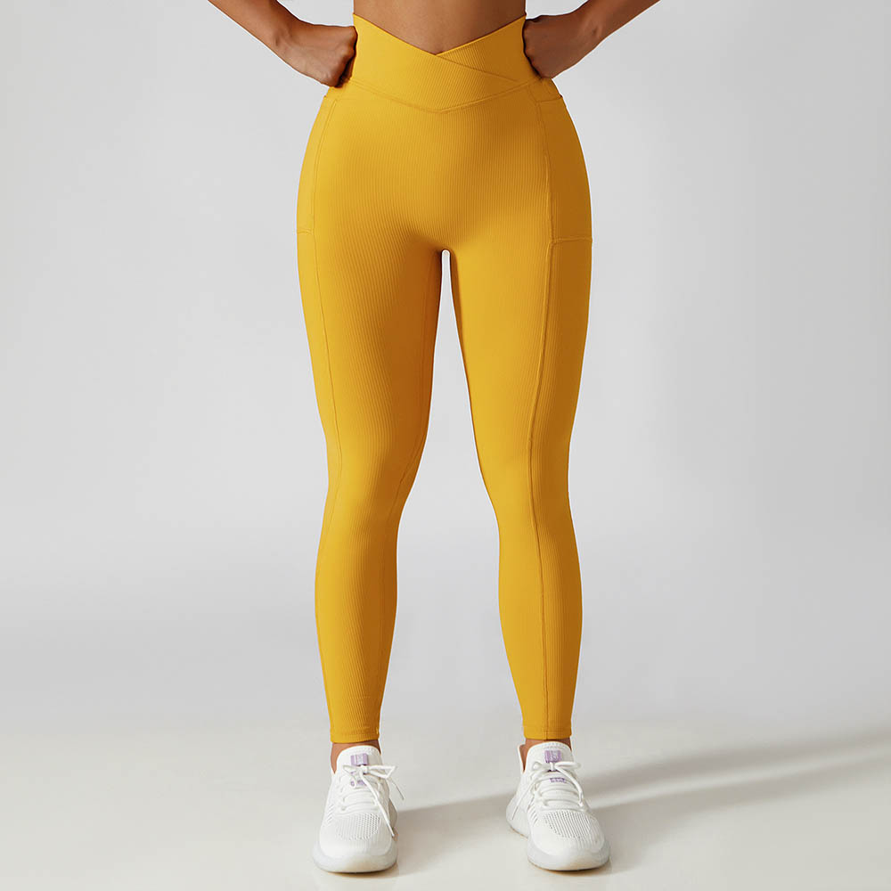 Ribbed Pocket High Waist Yoga Pants - Tight Peach Butt-Lifting Running Fitness Leggings