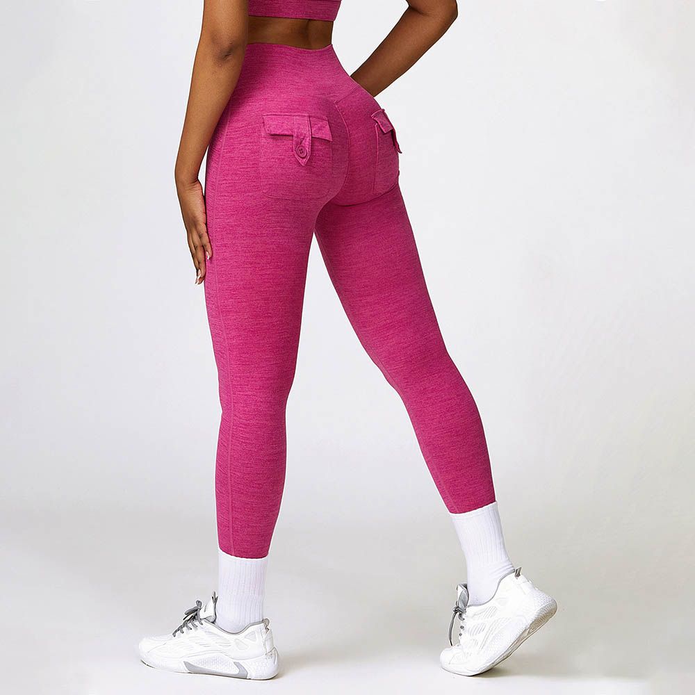 Brushed High Waist Yoga Pants With Cationic Cargo Pockets - Butt-Lifting Tight Fitness Leggings