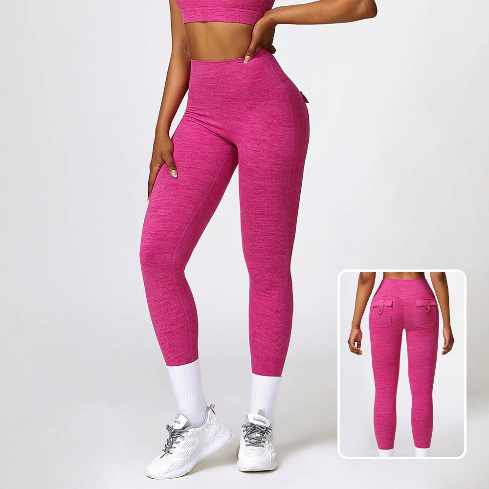 Brushed High Waist Yoga Pants With Cationic Cargo Pockets - Butt-Lifting Tight Fitness Leggings