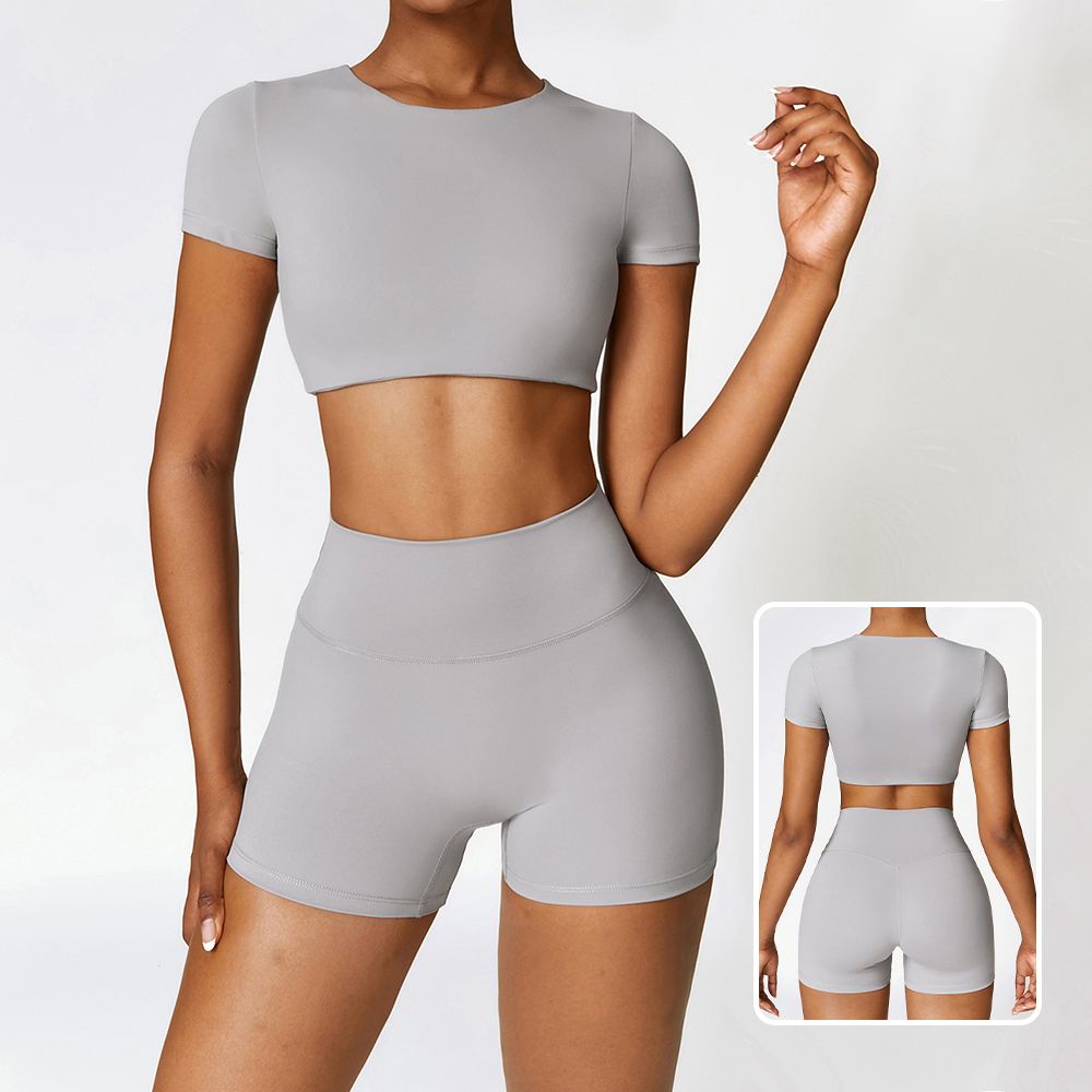 Fitted Brushed Short Sleeve & Shorts Yoga Set - Quick-Drying Workout Outfit