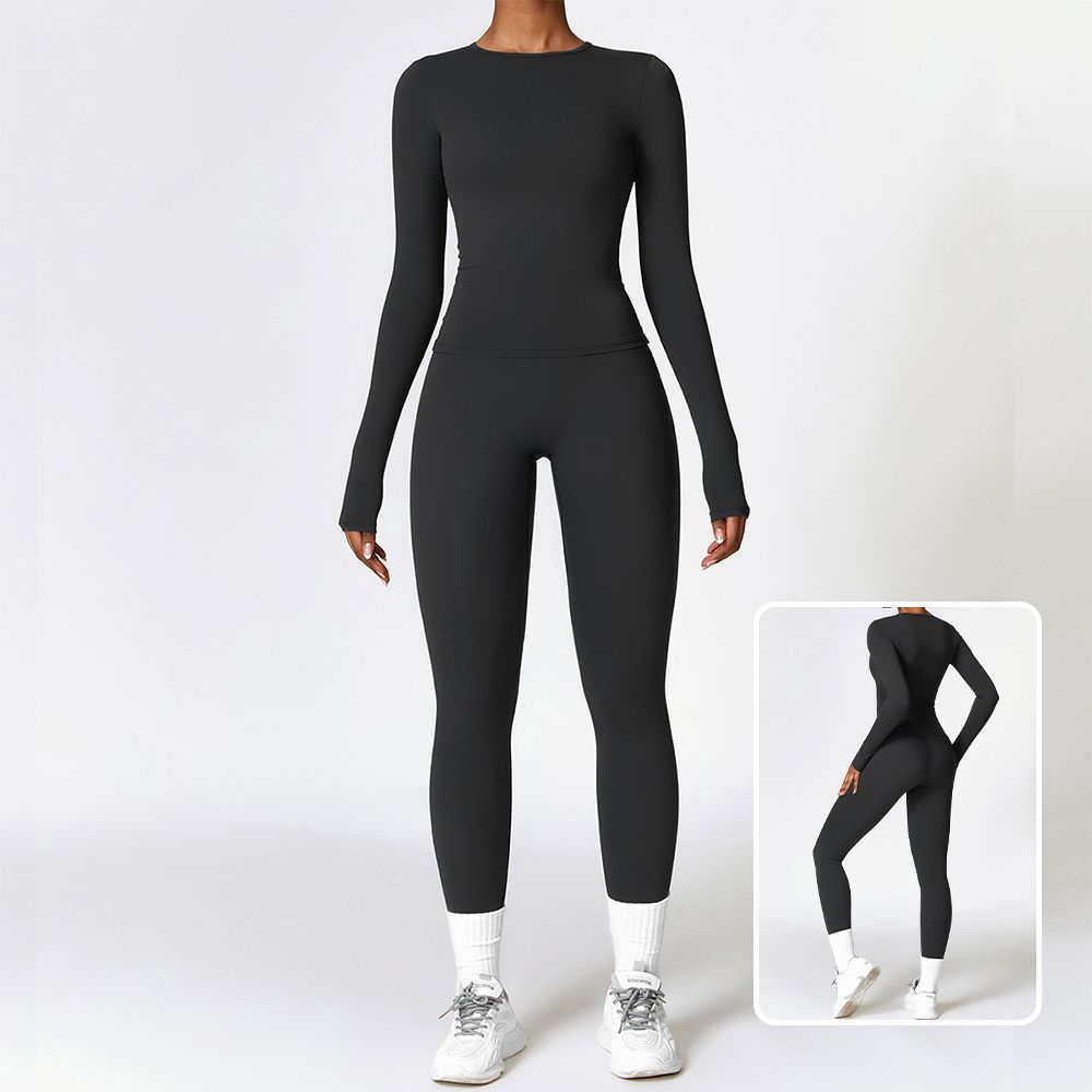 Fitted Brushed Long Sleeve & Leggings Yoga Set - Quick-Drying Workout Outfit