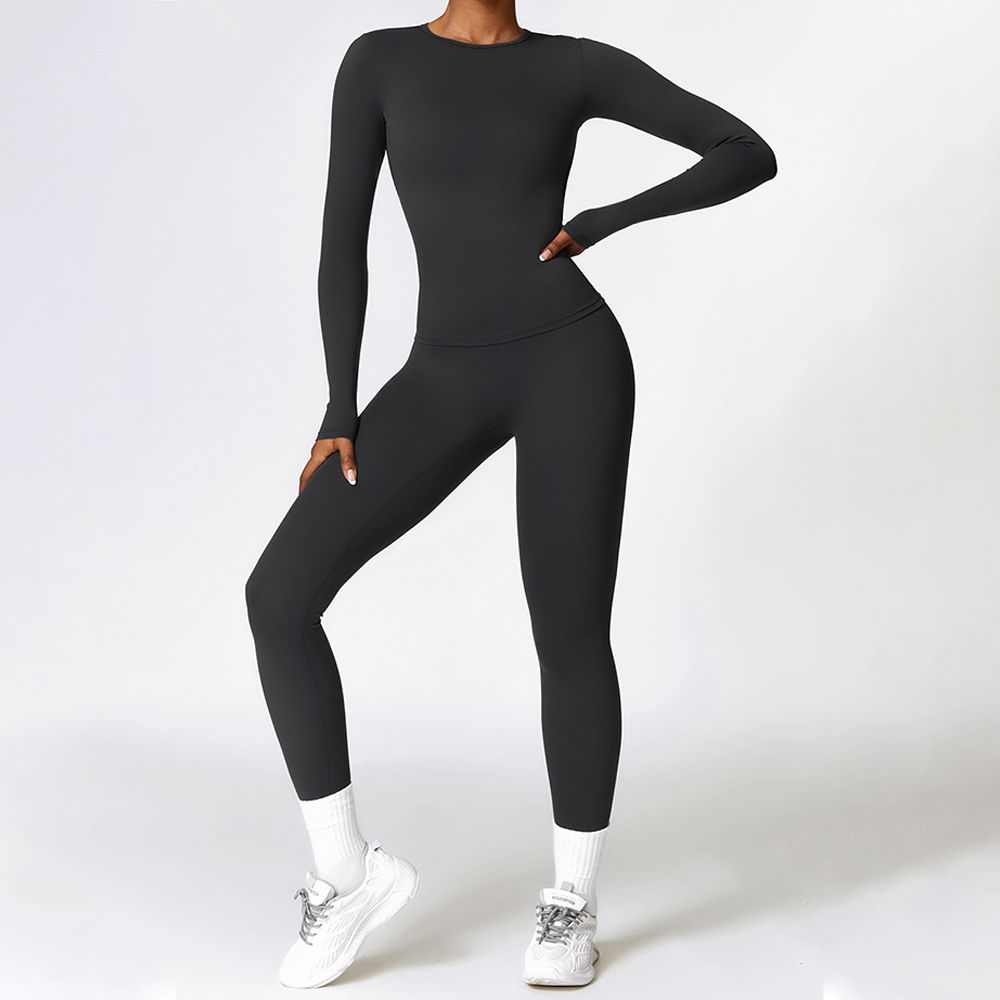 Fitted Brushed Long Sleeve Leggings Yoga Set - Quick-Drying Workout Outfit